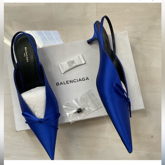 Balenciaga Blue Satin Pointed Toe Knife Slingback like new - Picture 4 of 11